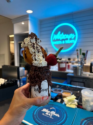 A large ice cream sundae with hot fudge being held up