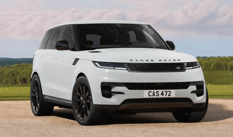Front view of a white Range Rover Sport parked on a country road.