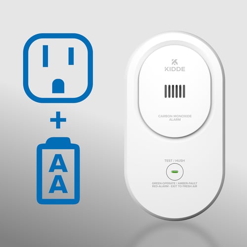 A diagram with a plug and AA Batteries next to the alarm.