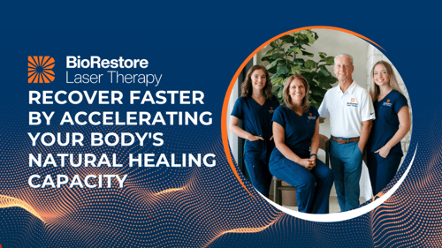 Staff photo next to the BioRestore Laser Therapy business logo