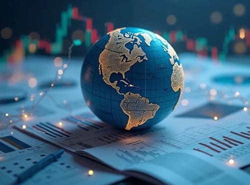 Generated globe sitting on top of stock market results.