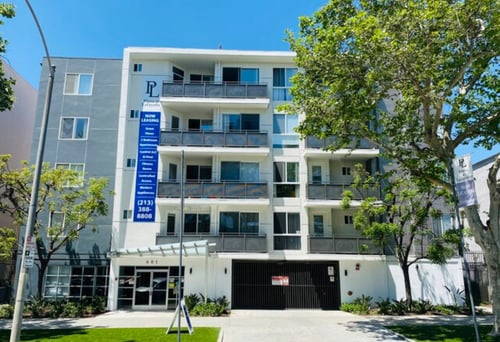 Apartment Building Exterior at Plaza Lafayette, Los Angeles, CA 90057