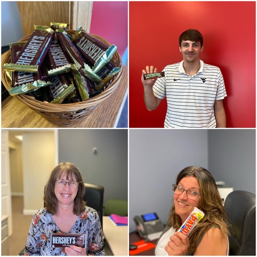 A photo collage of agent Kenny Woods' team members holding Hershey's and Almond Joy candy bars.