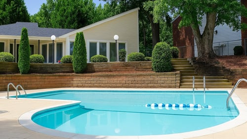 A swimming pool in front of a house with a tree at Creekside Canopy