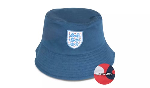 blue england football team 3 lions emblem bucket hat with swatch showing reversible nature of hat