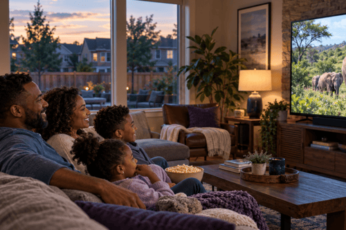 Family relaxing on a sofa with popcorn while watching a wildlife program in their suburban Denver home.