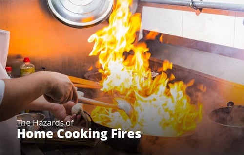 Large grease fire flaring up in a pan on a stovetop with "Hazards of Home Cooking Fires" text.