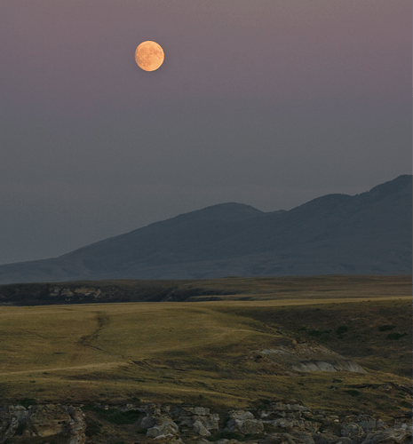 A full moon illuminates a dusky sky over rolling hills and a rugged landscape. The scene is serene, with muted tones and a tranquil atmosphere.