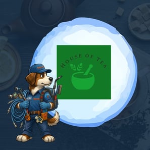 House of Tea logo displayed beside HERO, Restoration 1 of NW Cobb’s friendly dog mascot holding professional carpet-cleaning equipment.