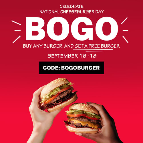 A Five Guys promotional graphic for the National Cheeseburger Day Buy One Burger, Get One Free promotion featuring a pair of hands holding burgers, with BOGO is bold type above them and the code for the promotion, BOGOBURGER.