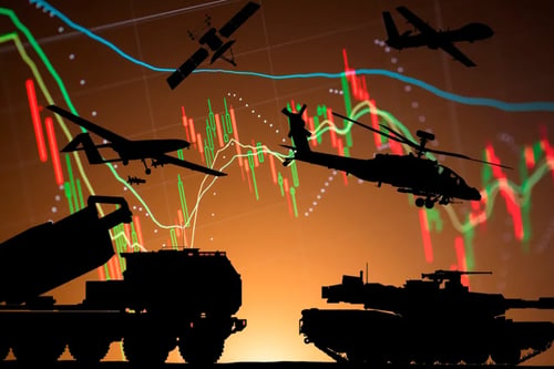 Silhouettes of tankers, satellites, planes and helicopters in front of a background of downtrend graphs.