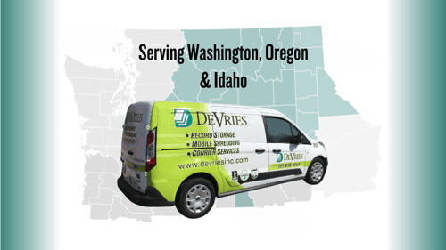 DeVries Business Services pickup/delivery van superimposed on a map of their service areas in Washington, Oregon & Idaho