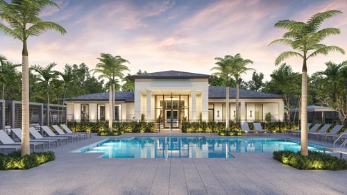 Resort-style swimming pool with cabanas
