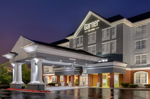Exterior view of hotel at dusk