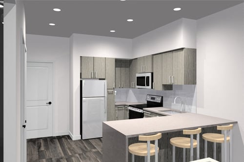 Kitchen and dining area at The One Atlantic Apartments with modern finishes and stainless steel appliances.