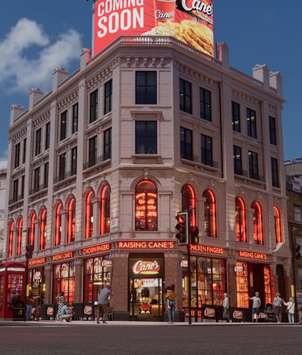 Rendering of the Raising Cane's Piccadilly restaurant exterior.
