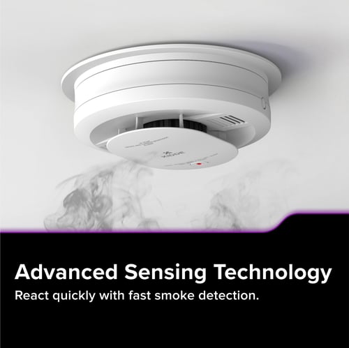 Image of smoke going towards a smoke alarm, text below reads "Advanced sensing technology - react quickly with fast smoke detection."