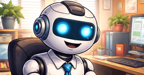 A cartoon drawing of a robot with a tie working on a computer in an office.