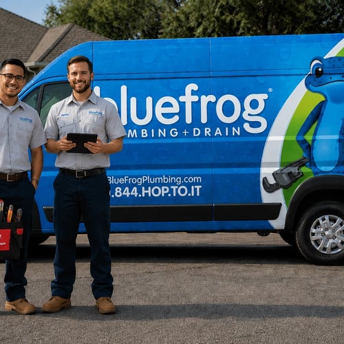 two plumbers standing outside a bluefrog van after a successful job
