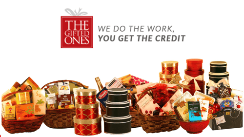 collage of various gift baskets with company logo above it