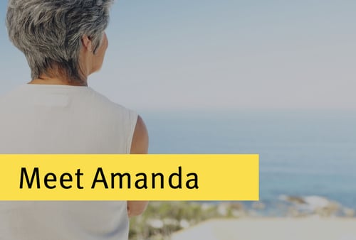 A woman with short gray hair stands gazing at the sea under a clear sky, evoking a calm mood. Text overlay says "Meet Amanda" in bold on a yellow background.