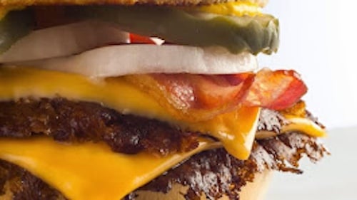 Burger with Cheese, Bacon, Onion, Pickles, Mustard