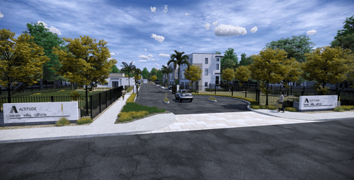 a rendering of a street with a car driving down it