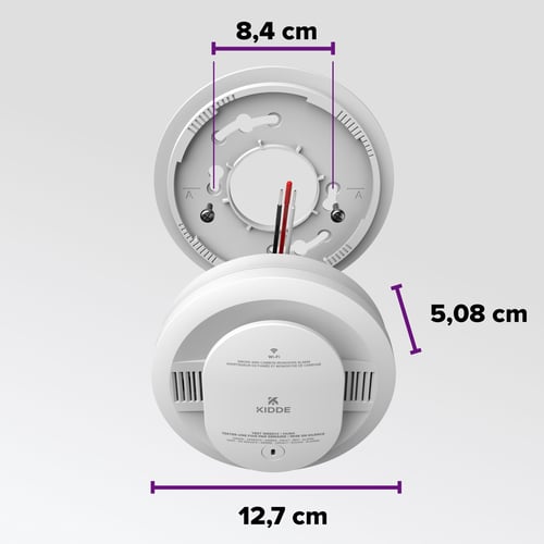This is a diagram of the device, showing that it is 12.7 cm wide and 5.08 cm thick, and the screw holes for the mounting bracket are 8.4 cm apart.