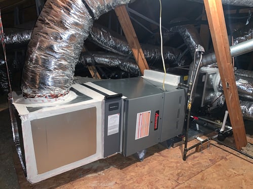 Furnace unit installed in the attic