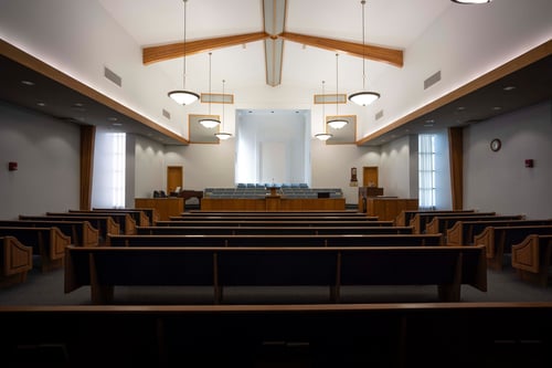 Main meeting hall or chapel of church building on Castle Drive