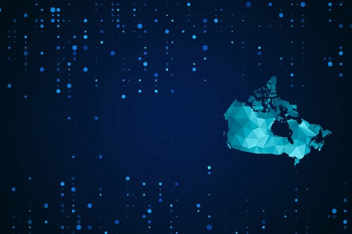 Geometric map of Canada in turquoise polygons with scattered blue dots on dark blue background.