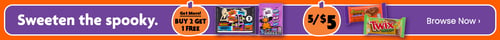 Family Dollar Halloween candy featuring a buy two get one free and a 5 for $5 deal:
