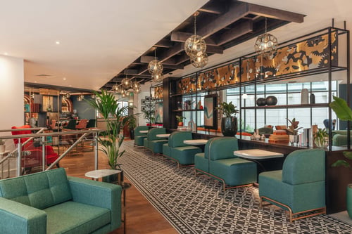 Hotel lobby lounge and seating booths