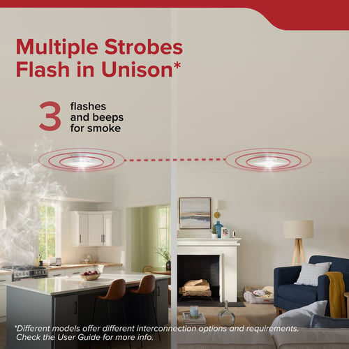 50SA10-S: Multiple Strobes Flash in Unison. 3 flashes and beeps for smoke. Different models offer different interconnection options and requirements. Check the User Guide for more info.
