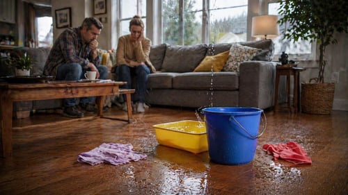 Concerned homeowners sit in a living room while water drips into a bucket on a wet hardwood floor.
