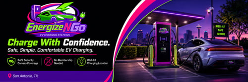 Promotional banner for EnergizeNGo EV charging stations showing a modern electric vehicle charging at a brightly lit station at night, with city skyline in the background and text highlighting safe, simple EV charging, 24/7 security, no membership required, and location in San Antonio, Texas.