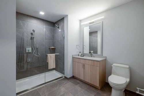 The luxurious apartment bathroom at Encore Apartments in New Rochelle, NY, features a walk-in shower with dark gray floor-to-ceiling tile, a glass door, and a light wood-look vanity.