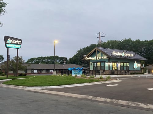Storefront of the Caribou Coffee at 6290 Highway 65 NE in Fridley