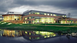 exterior photo at night of the James Beck Cancer Center on the Aspirus Rhinelander Hospital campus