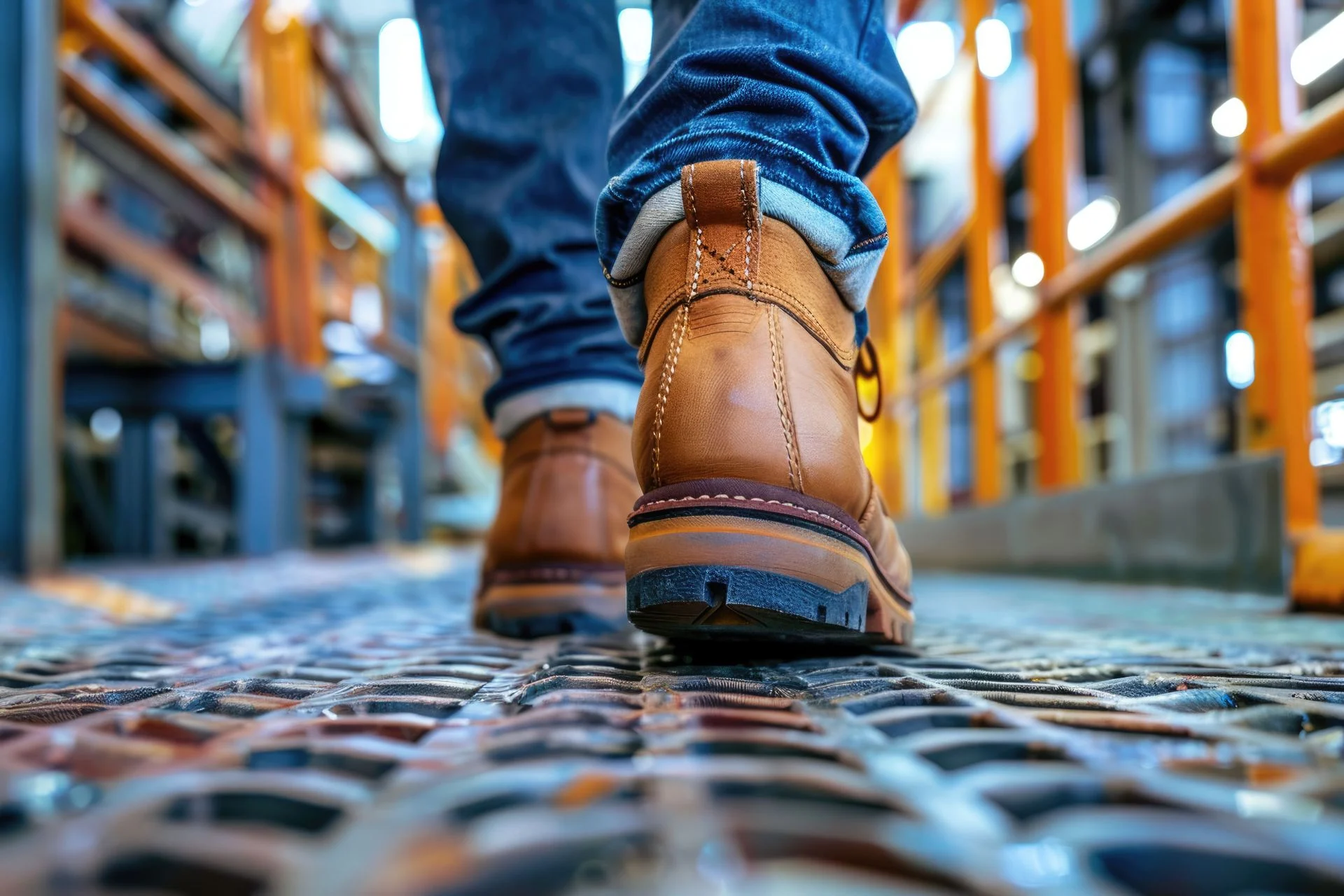 Person on factory floor wearing worker boots for foot safety