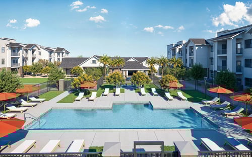Aerial view of the apartment homes and swimming pool at Arterra Apartments, 85374