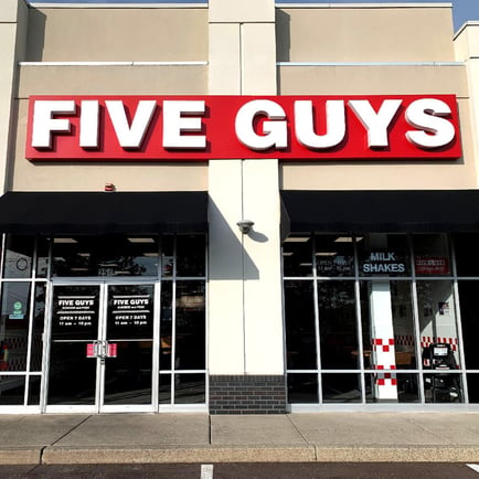 Entrance to the Five Guys at 254 NW West End Blvd. in Quakertown Pennsylvania.