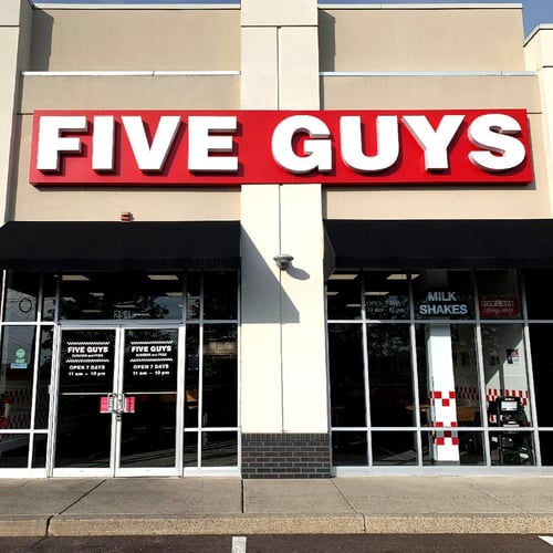 Entrance to the Five Guys at 254 NW West End Blvd. in Quakertown Pennsylvania.