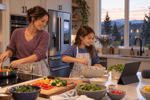 Mother and daughter cooking together using a tablet recipe, with a smart speaker and smart refrigerator nearby.