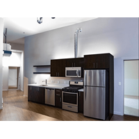 Modern kitchen with dark cabinetry and stainless appliances at Northwood, Portland, OR, Oregon, 97217
