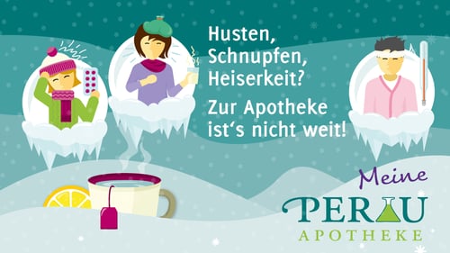 Illustration dreier kranker Menschen, die an einer Erkältung leiden - zur Perau Apotheke ist es nicht weit, die Apotheke ist da bei kleinen und großen Wehwehchen.
