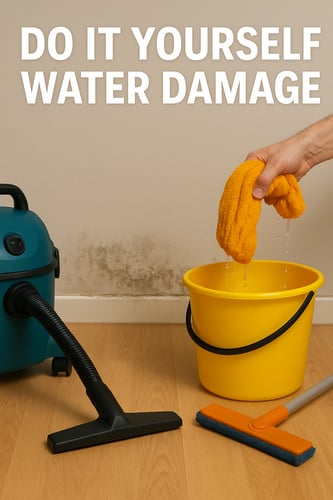 “DIY water damage cleanup scene with mop, bucket, and vacuum near moldy wall.”