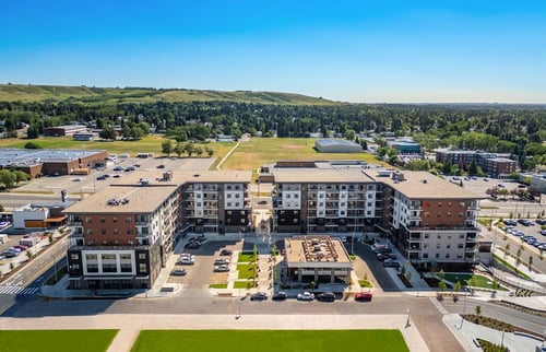 Aerial view of the apartment building at Plaza Apartments in Calgary, AB