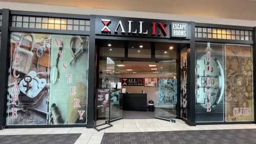 All In Adventures Escape Rooms Storefront located at Polaris Fashion Place in Columbus, OH with multiple escape room themes that are perfect for all ages.