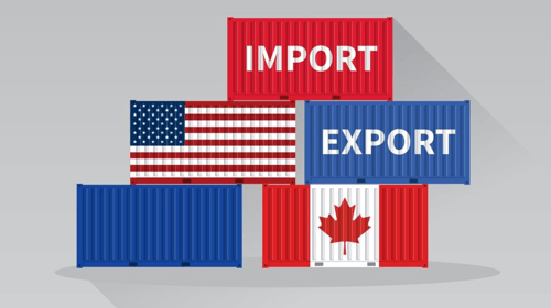 Colourful shipping containers labeled "IMPORT" and "EXPORT," featuring the U.S. flag and a Canadian maple leaf, stacked on a grey background.